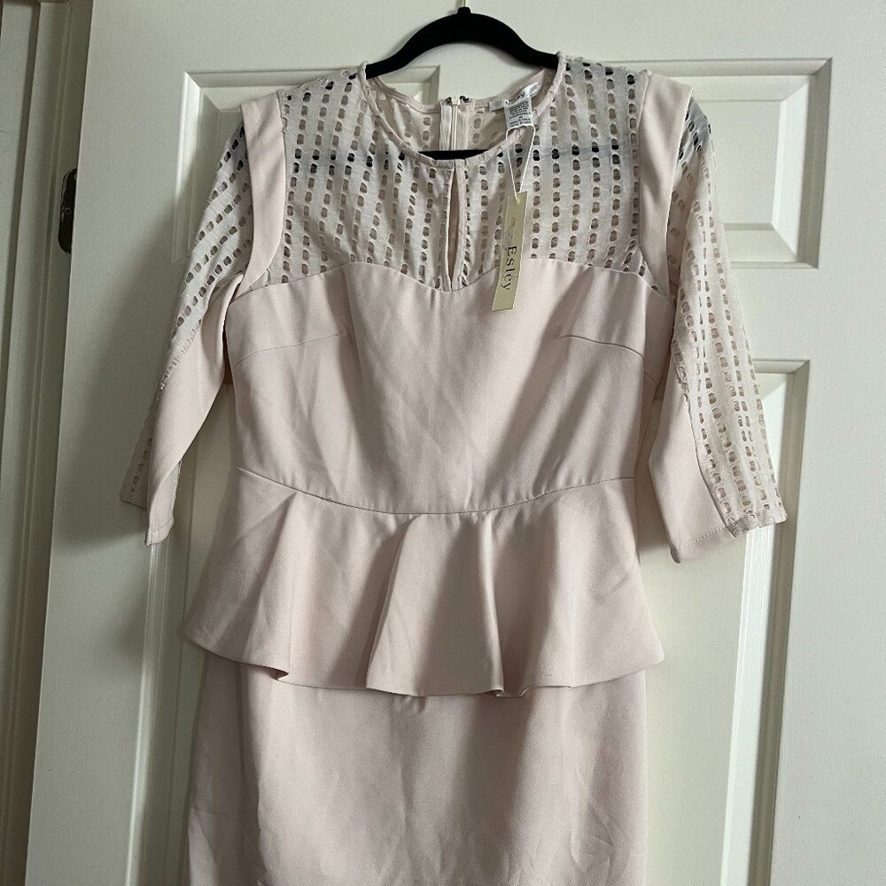 NWT Esley Beige Peplum Dress • Size M • Feminine Neutral